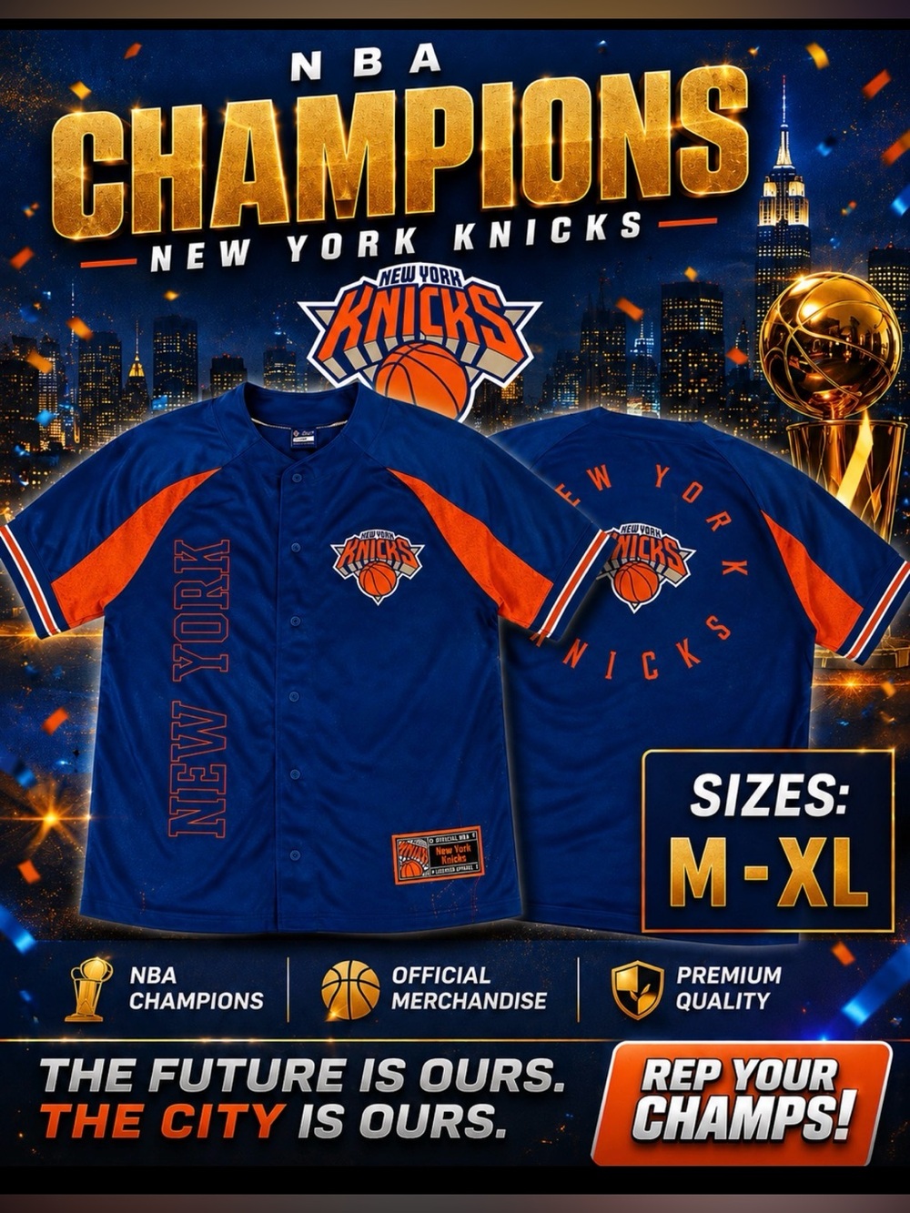 NBA New York Knicks Button Up Baseball Style Jersey Men’s Size Med or XL, NWT